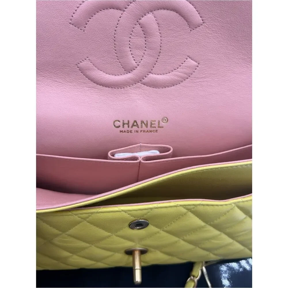Women's Chanel Classic Quilted double Flap Bag in Yellow with Gold Hardware
